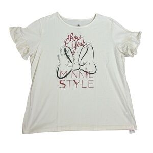 ♥️Disney Cream Ruffle Short Sleeve Minnie Mouse Graphic T-shirt Women’s Size XL